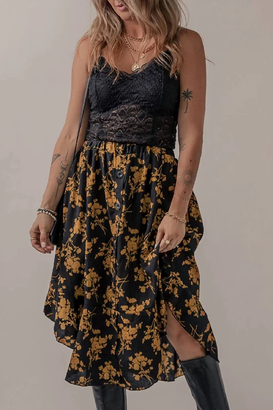 Floral Ruffle Elastic Waist Skirt In Black Printed