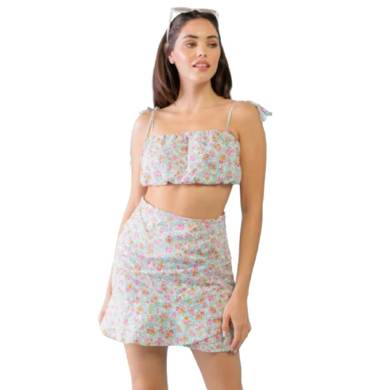 Mint Fuchsia Print Cotton Sleeveless Strappy Crop Top & High Waist Wrap Hem Mini Skirt Set