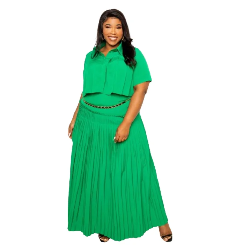 Pleated Cropped Shirt And Maxi Skirt Set