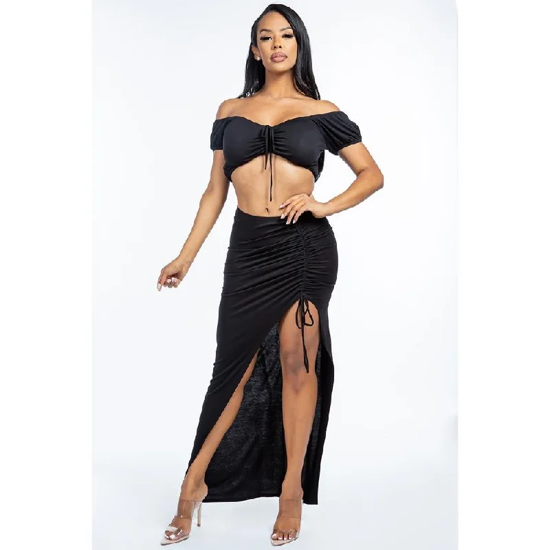 Solid Ruched Front Off The Shoulder Short Sleeve Cropped Top And Side Ruched Asymmetrical Skirt Two Piece Set