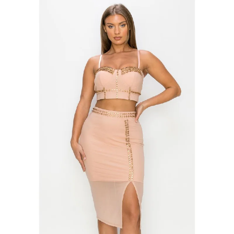 Studded Stone Cami Top & Slit Mini Skirts Set