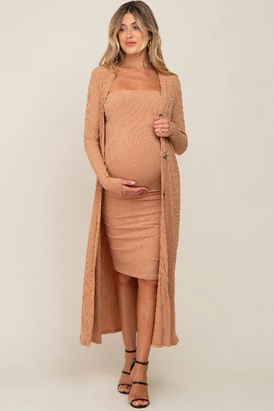 Camel Ribbed Maternity Dress Set