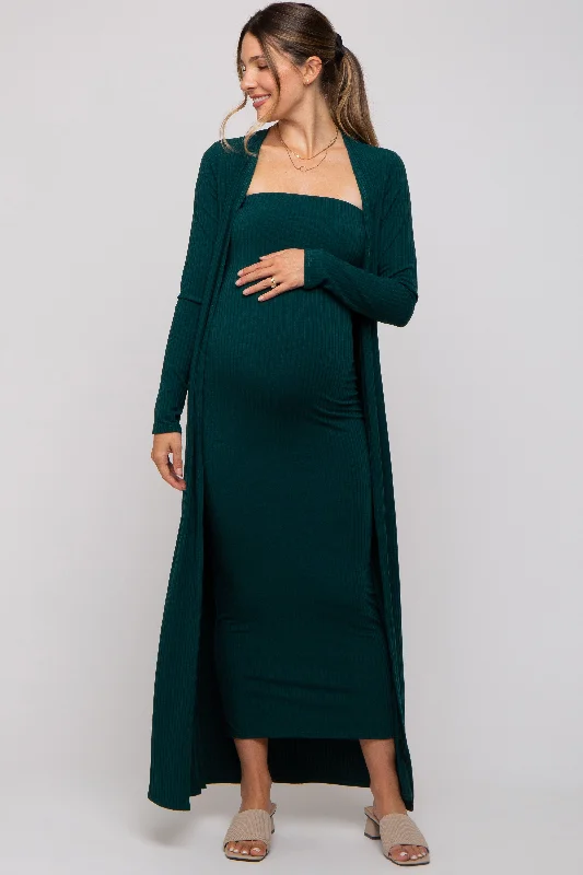 Forest Green Ribbed Sleeveless Dress Cardigan Maternity Set