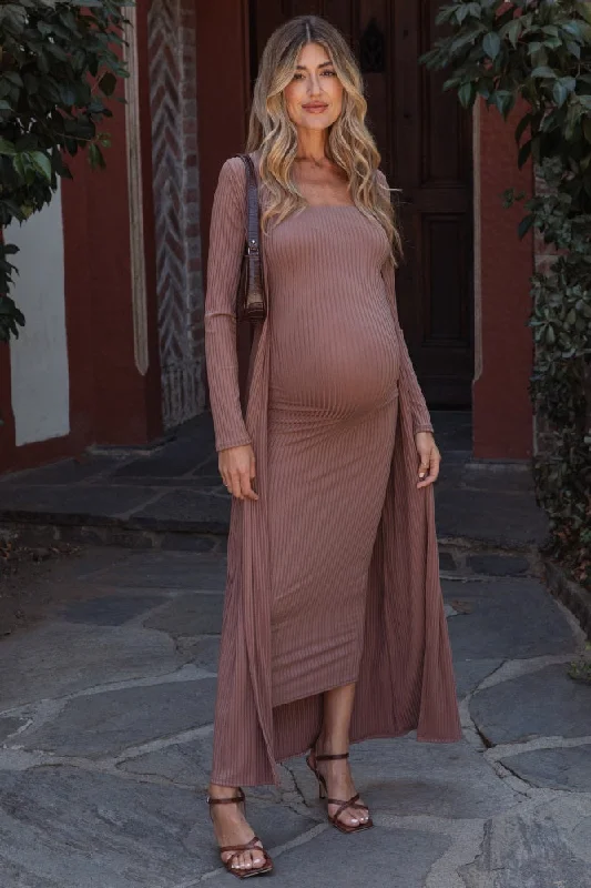 Mocha Ribbed Sleeveless Dress Cardigan Maternity Set