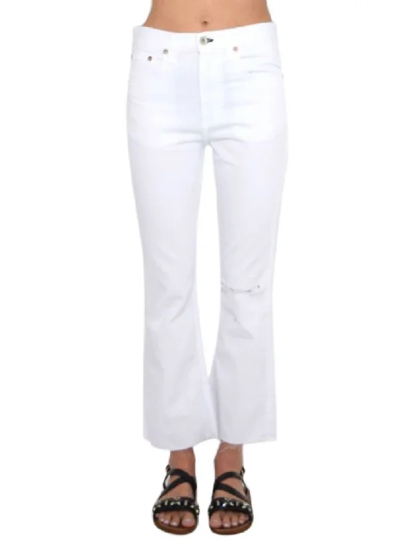 Women's White With Holes Cropped Jeans Stretch Denim Pants