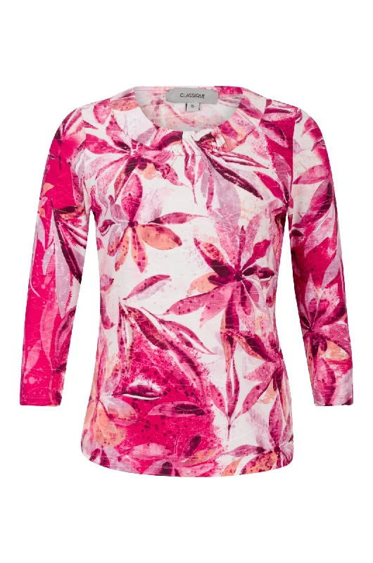 3/4 sleeve Top with neckline gather | CERISE FLOWER | 9121A1