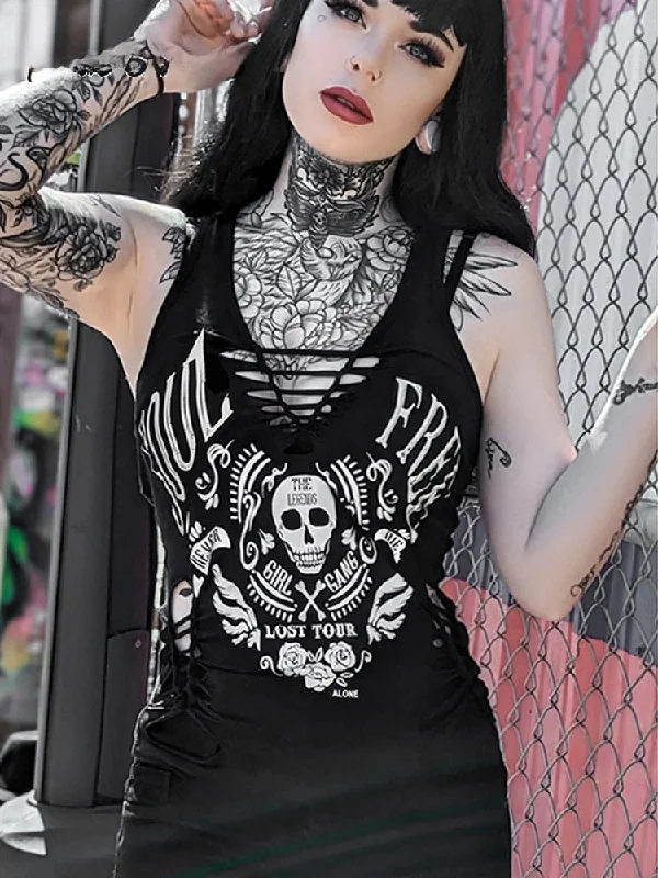 Skull Gothic Printed Dark Top Black Streetwear Vintage Summer Woven Crop