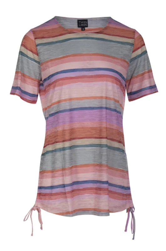 Curved hemline Burnout Tunic | Sage Pink Stripe | 6066AR