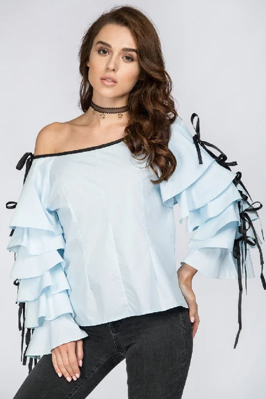 Blue Tiered Ruffle Sleeve Off the Shoulder Top