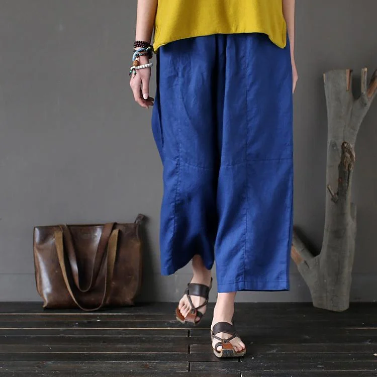 blue loose casual linen pants elastic waist traveling pants