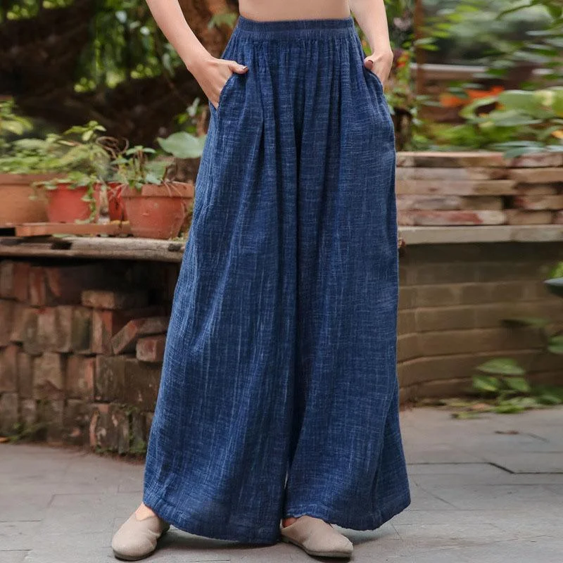 Vintage Blue Elastic Waist Wide Leg Pants Cotton Linen Women Long Pants