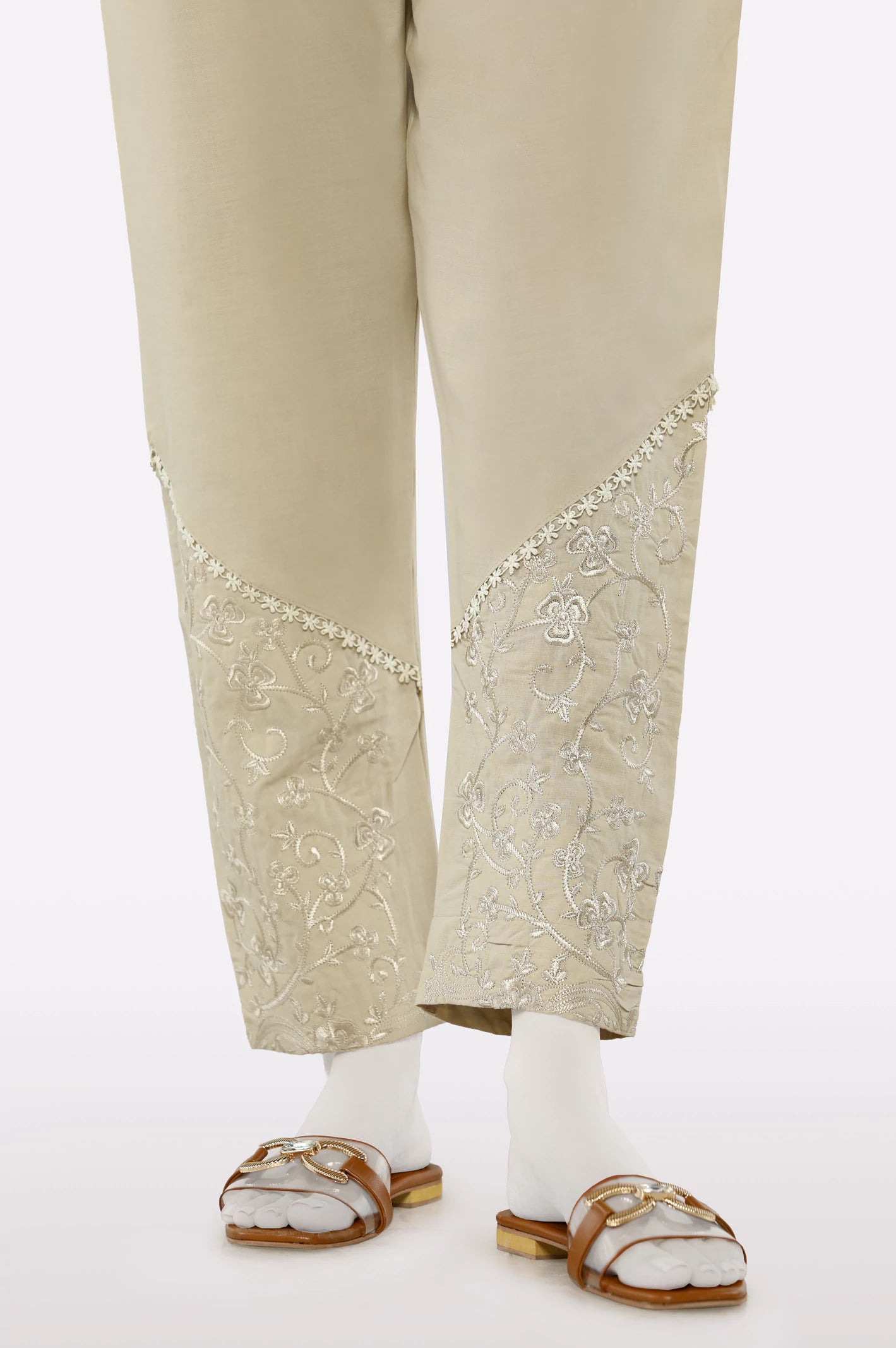 Beige Embroidered Trouser