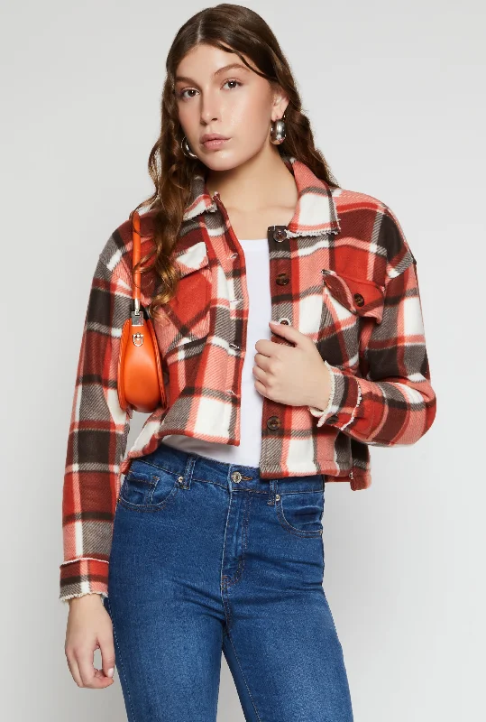 Plaid Sherpa Lined Cropped Button Front Shacket