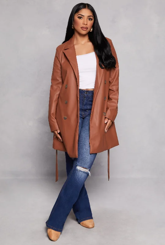 Faux Leather Tie Waist Belted Coat