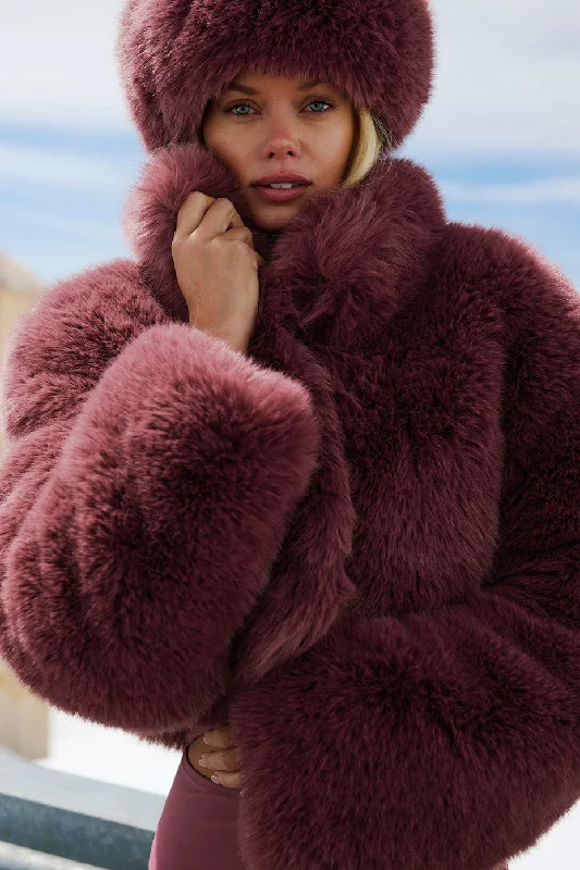 Opulent Faux Fur Cropped Jacket - Burgundy Truffle