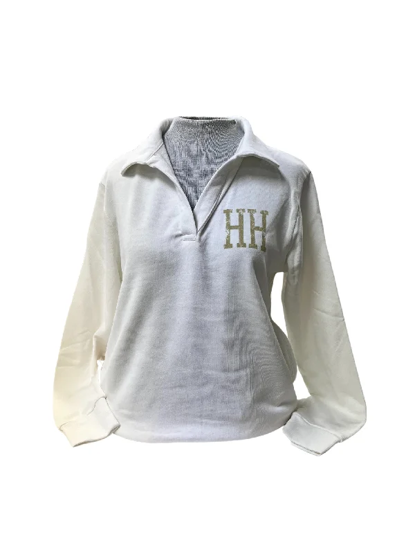 Women's sweatshirt, white, v neck with  collar, gold HH