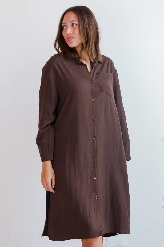 FINAL SALE - Cherished Chicness Brown Button Front Midi Dress