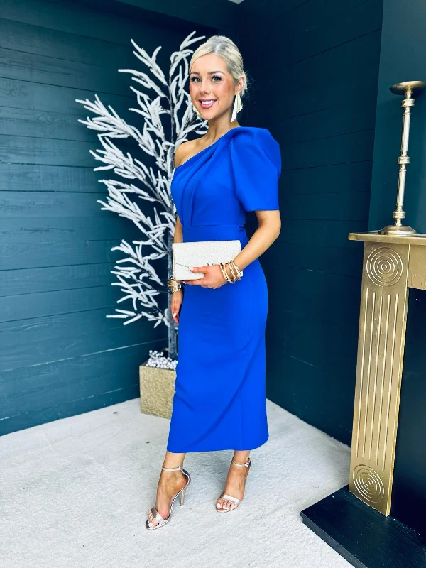 Rachel One Shoulder Occasion Midi Dress Cobalt