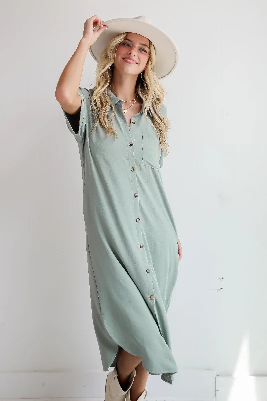 FINAL SALE - Radiant Moment Sage Button Front Midi Dress