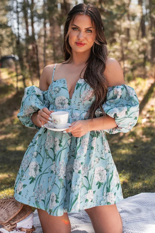 The Beauty Within Off The Shoulder Floral Mini Dress (Aqua Blue)