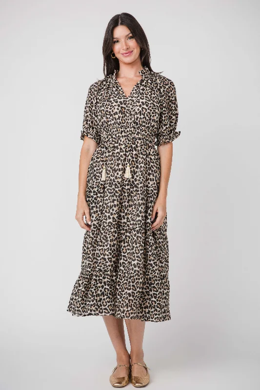 THML Leopard Print Tassel Tie Maxi Dress