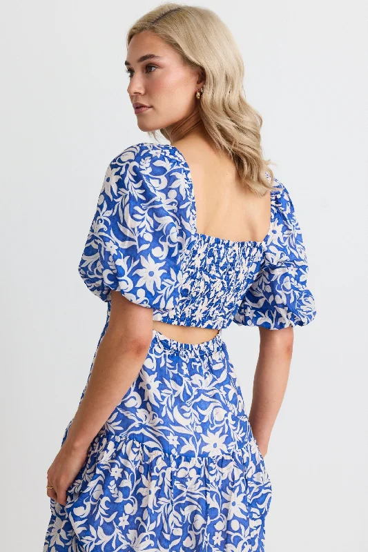 Tranquillity Blue Batik SS Cut Out Tiered Midi Dress