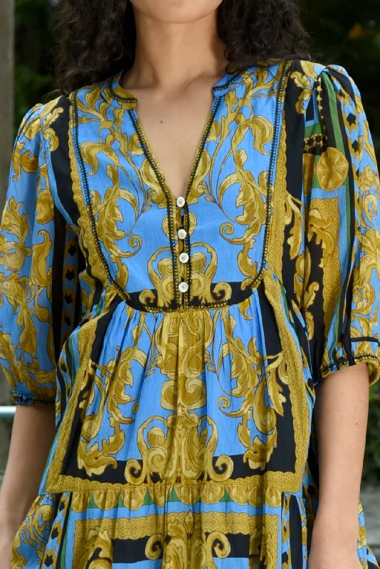 You've Come A Long Way Blue Gold Printed SS Midi Dress