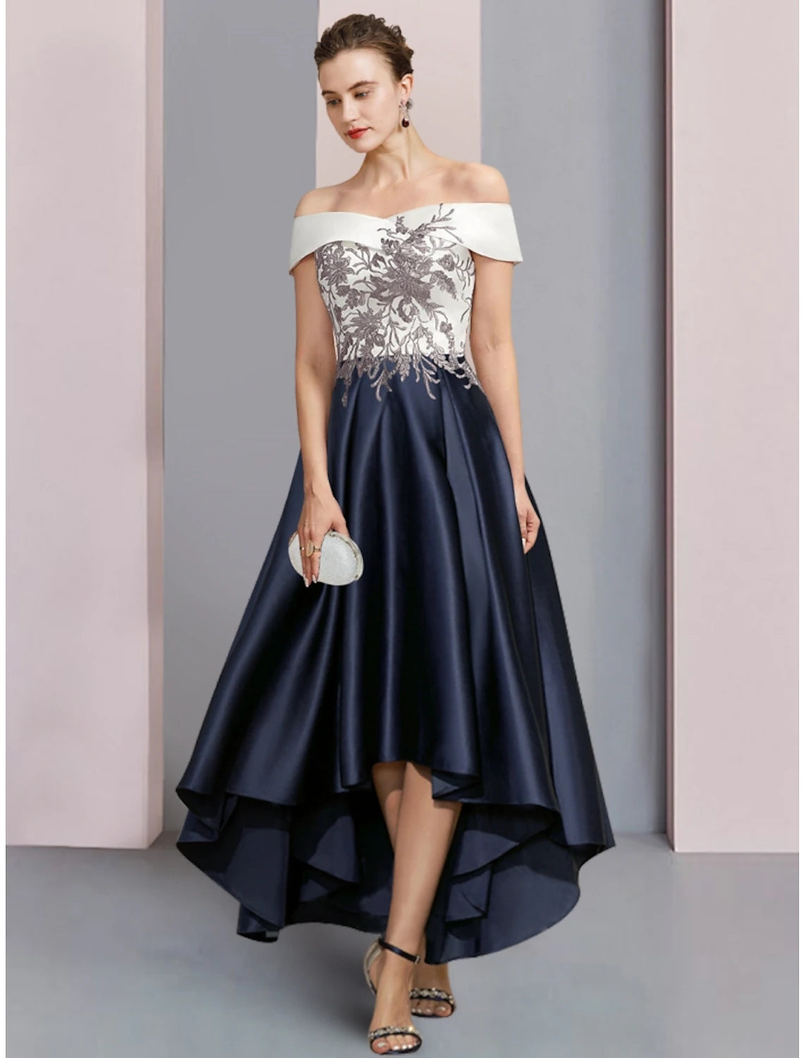 A-Line Mother of the Bride Dress Wedding Guest Elegant Off Shoulder Asymmetrical Ankle Length Satin Lace Short Sleeve with Ruching