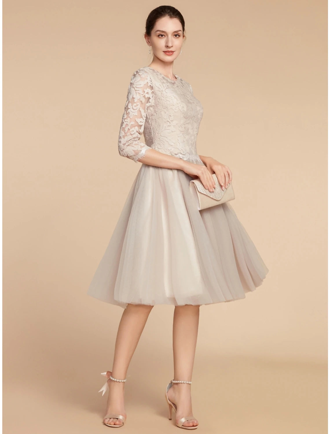 A-Line Mother of the Bride Dress Wedding Guest Elegant Petite Jewel Neck Knee Length Lace Tulle Half Sleeve with Pleats Solid Color