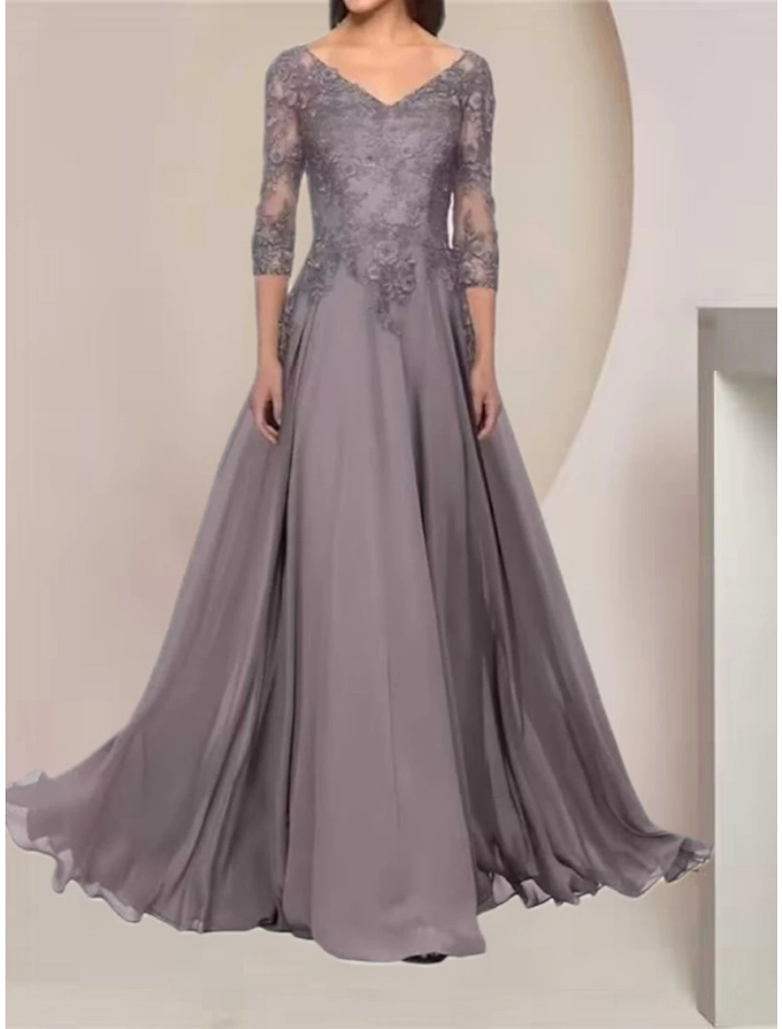 A-Line Mother of the Bride Dress Wedding Guest Elegant V Neck Floor Length Chiffon Lace Half Sleeve with Ruching Solid Color