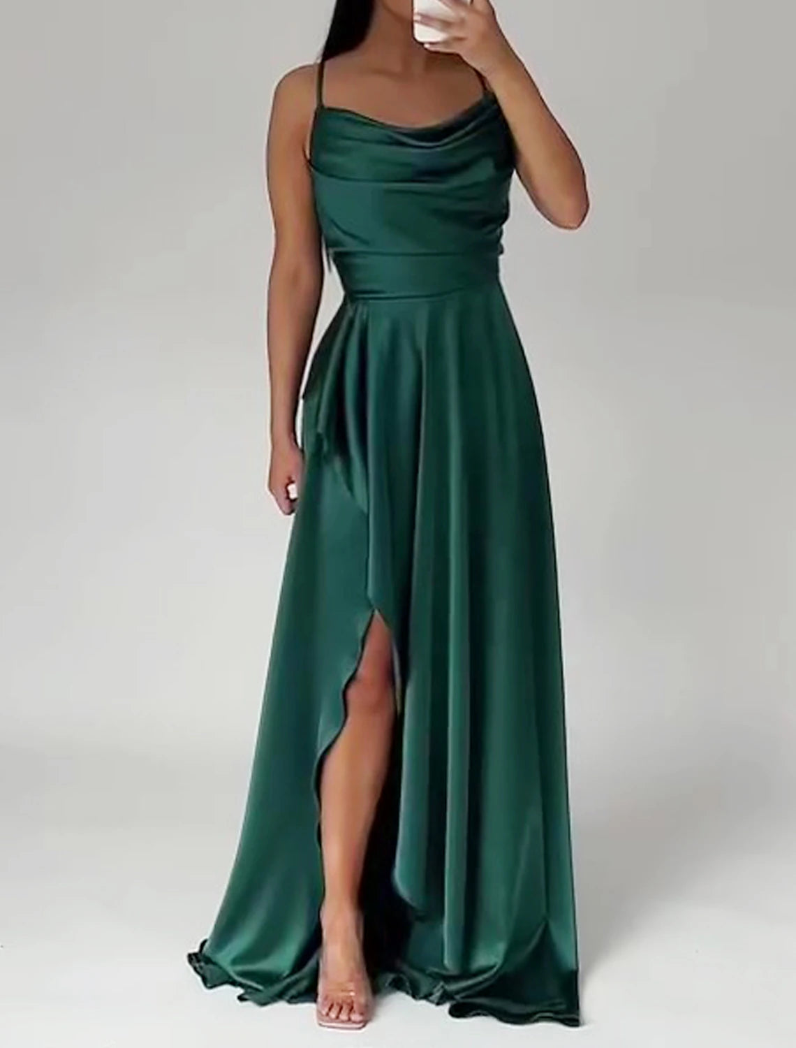 A-Line Prom Dresses High Low Dress Wedding Guest Black Tie Asymmetrical Sleeveless Spaghetti Strap Satin with Ruched Slit