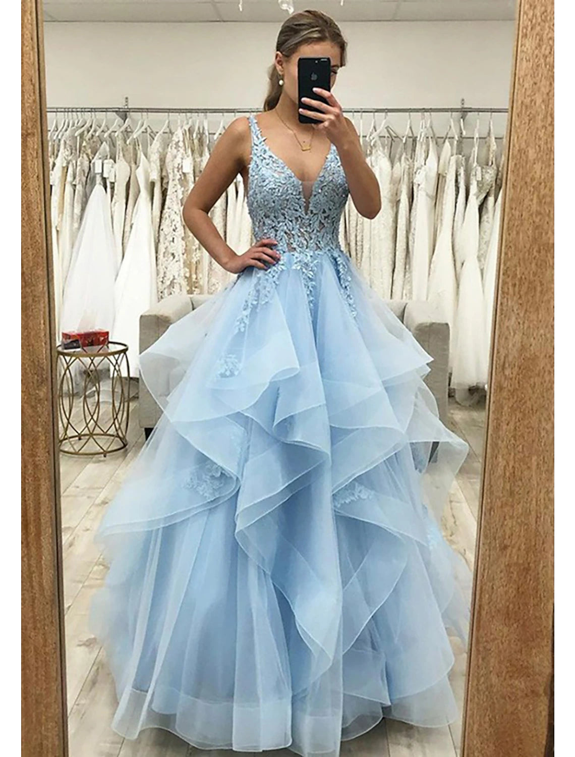 Ball Gown A-Line Prom Dresses Princess Dress Formal Wedding Guest Floor Length Sleeveless V Neck Tulle Backless with Pleats Ruched Appliques